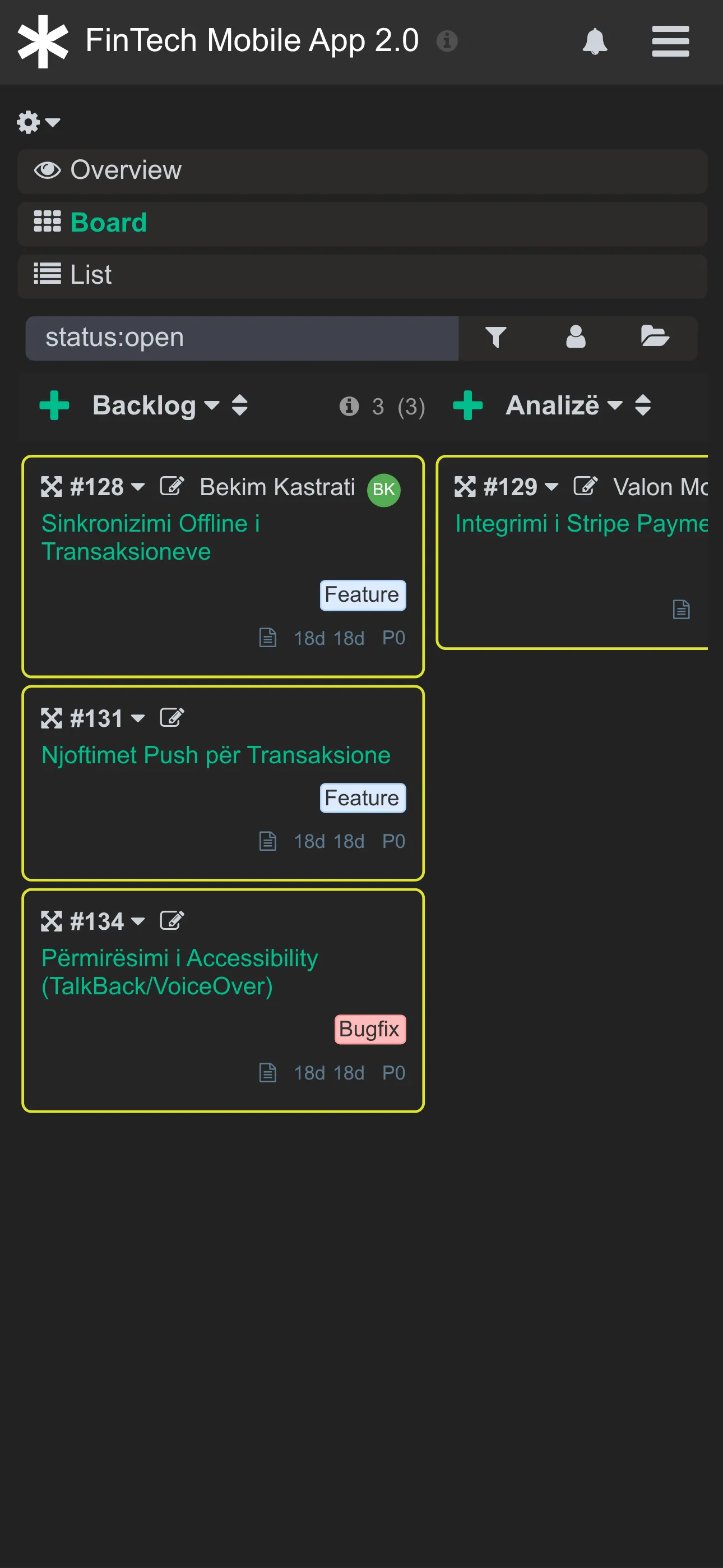 Project Management Platform kanban board on mobile