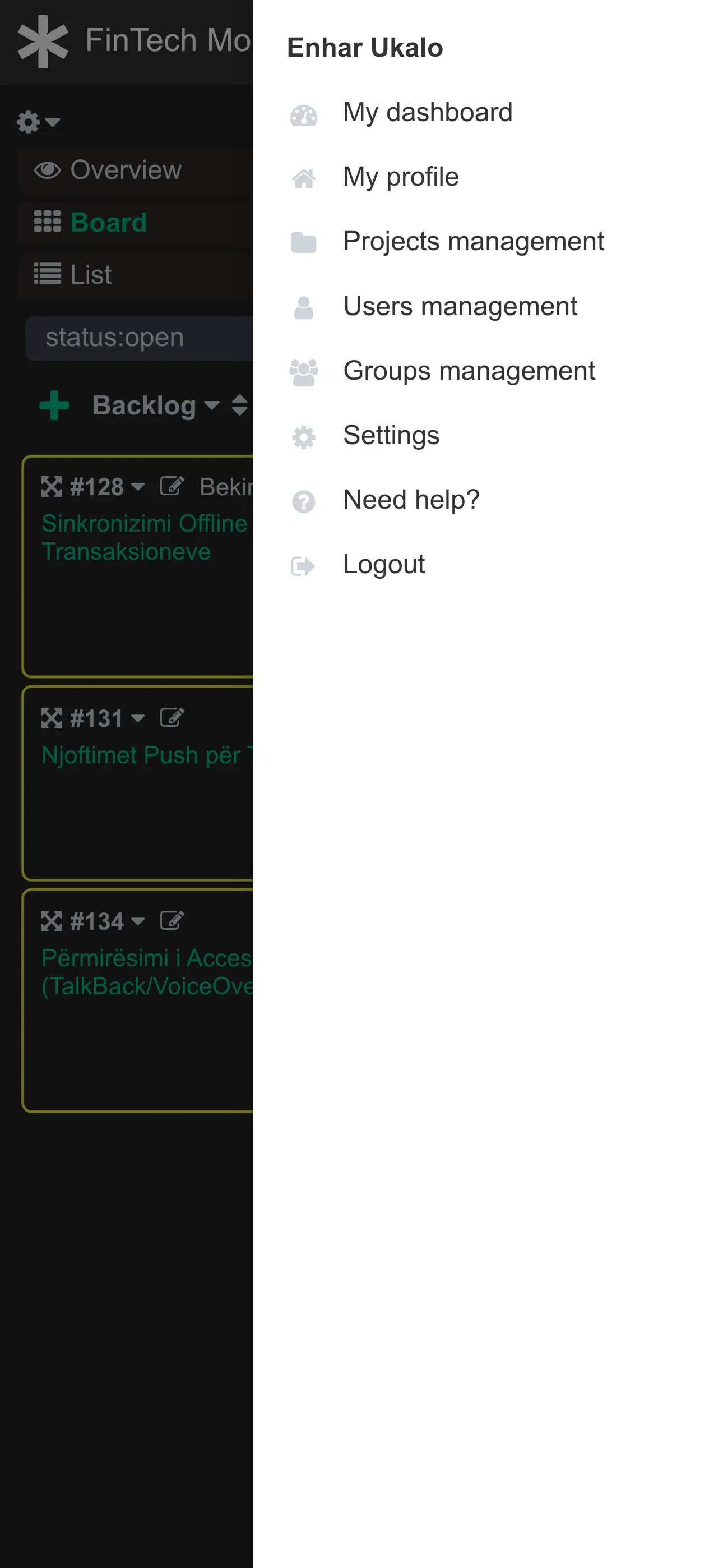 Project Management Platform sidebar on mobile