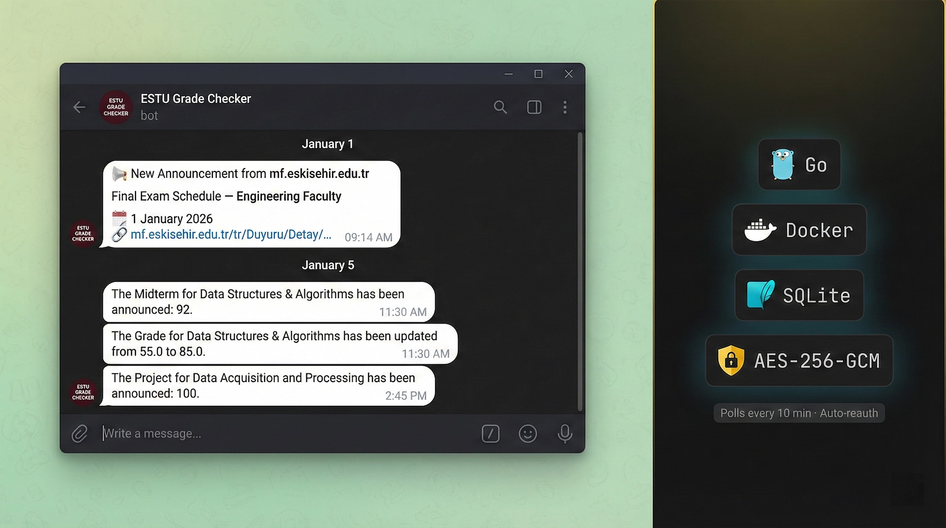 ESTU Grade Checker Telegram bot interface